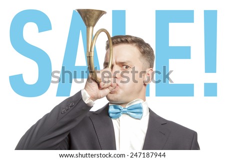 Funny man in blue bow tie blowing into the pipe with title ' sale'