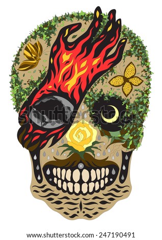 flame hand destroy nature earth, sugar skull design