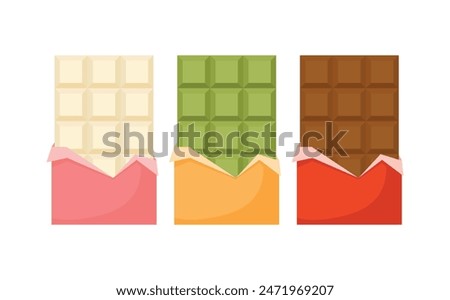 White, Milk, Matcha Chocolate bar flavor with wrapper. Half open wrapper square chocolate. Cocoa organic product vector illustration isolated on transparent background