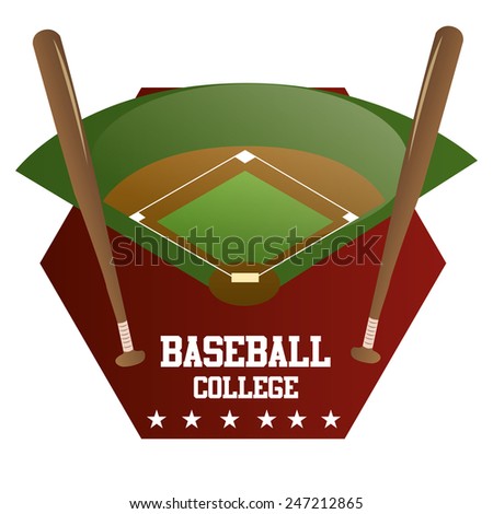an isolated label with a baseball field, a pair of wooden bats and text
