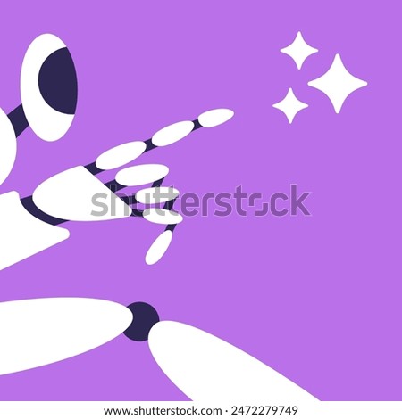 AI Robot and stars icon. Artificial intelligence logo. Machine learning. Create an image and text sign. Computer help assistant. Data Science. Flat vector illustration.
