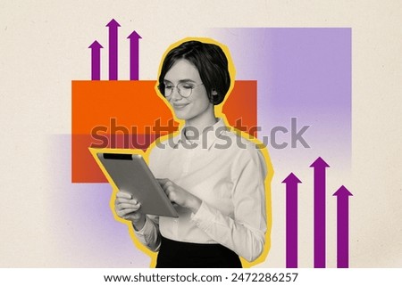 Composite photo collage of smile businesswoman surf ipad device freelance work arrow development career isolated on painted background