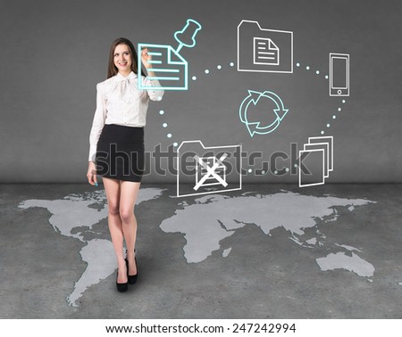 Business woman draw an icons, a global business