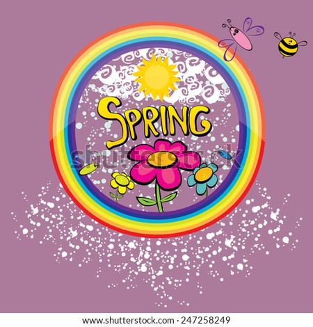 cartoon Spring word, flowers and butterfly vector. cartoon spring landscape illustration