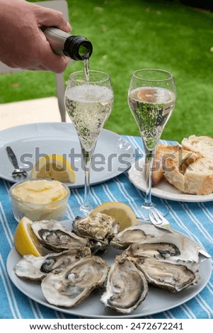Fresh french oysters molluscs from Arcachon bay served on oysters farm in Gujan-Mestras, with lemon, baquette bread, butter and champagne dry wine, french delicious seafood
