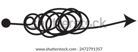 Complex and easy simple way from start to end, path from point A to B with black thread. Chaos mind brain, problem solving and business solution searching challenge concept. Hand drawn vector doodle