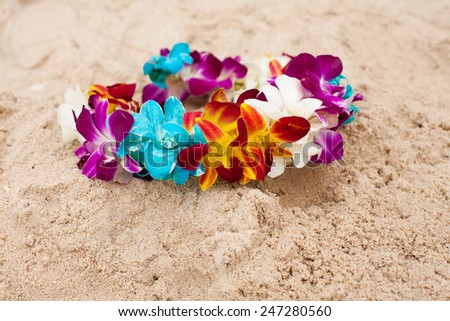Bright diadem with exotic flowers on the sand