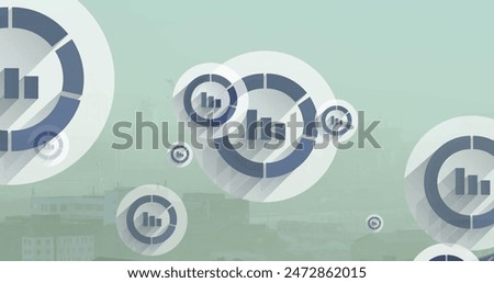 Image of multiple bar graph icons floating against aerial view of cityscape. Global networking and business technology concept