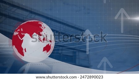 Image of spinning globe and arrow icons moving upwards against tall building. Global networking and business technology concept