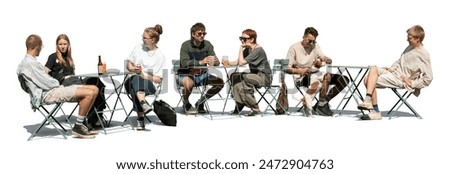 Outdoor hipster café scene with many young people sitting and relaxing isolated on white background