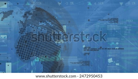 Image of digital interface and data processing over world map on blue background. Global data processing concept digitally generated image.