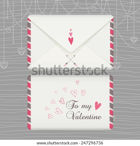The vector envelope with a letter to Valentine. Love and wedding background with hearts for your design. Seamless pattern with horizontal lines and hearts in gentle colors.