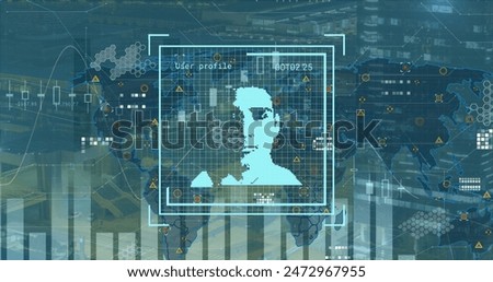 Image of graphs, world map and user photos on blue background. Global network, data processing, finance, communication and technology concept digitally generated image.
