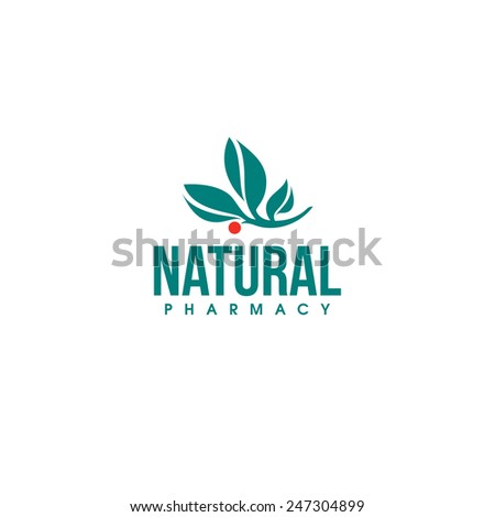 Natural pharmacy logo design vector template. Branch with green leaves and white berry
