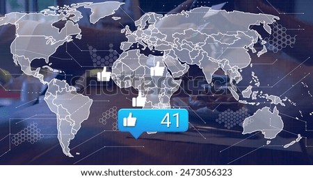 Image of social media reactions and world map over hand of people using wireless payments. Business, finance, economy and technology concept digitally generated image.