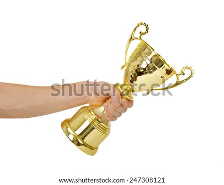 Man holding a champion golden trophy on white background 