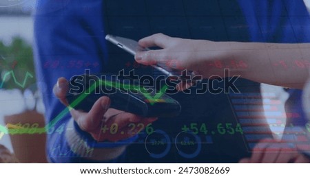 Image of financial data processing over diverse people paying with smartphone. Global finances, business and digital interface concept digitally generated image.