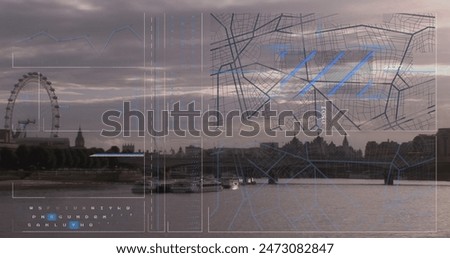 Image of data processing over london cityscape. Global business, finances, computing and data processing concept digitally generated image.