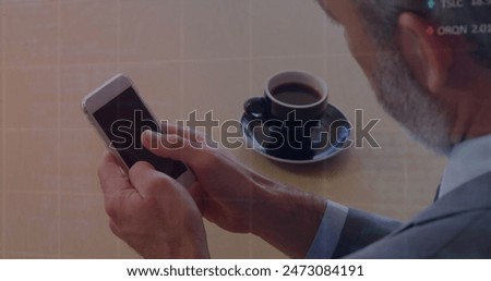 Image of financial data processing over caucasian man using smartphone. Global finances, business and digital interface concept digitally generated image.