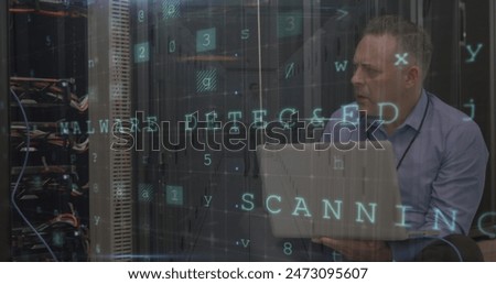 Image of cyber attack warning over caucasian man in server room. global internet security, connections and data processing concept digitally generated image.
