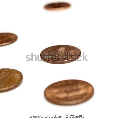 pennies on white background, coins 