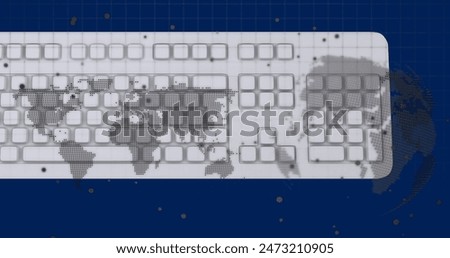 Image of data processing, globe and world map over computer keyboard. Global business, finance and data processing concept digitally generated image.