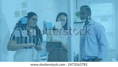 Image of icons over diverse business people having meeting at office. Global business, online security and digital interface concept digitally generated image.