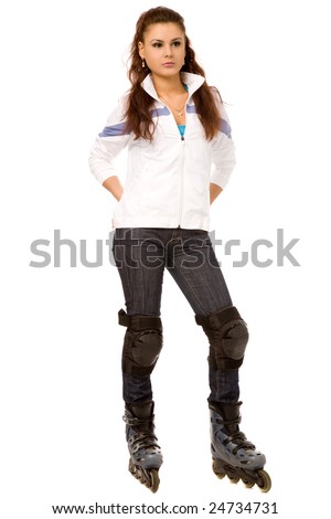 pretty woman on roller skates on a white background