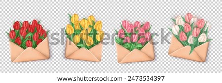 Set of paper envelopes filled with bunch of 3d realistic colorful tulips. Three dimensional bouquet of spring blossom flowers inside opened letter isolated on transparent background. Floral newsletter