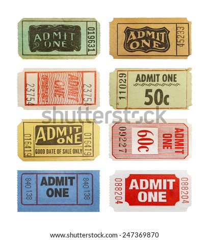 Selection Of Different Old Admit One Tickets Isolated on White Background. Royalty-Free Stock Photo #247369870