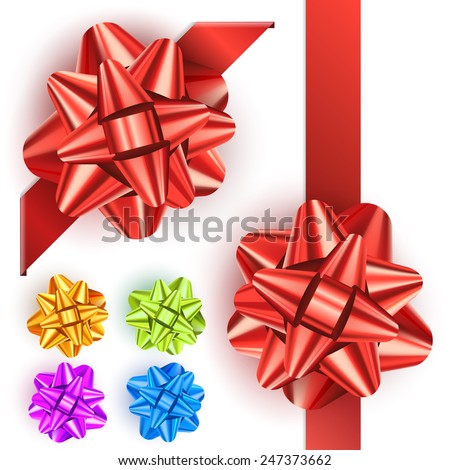 Set of realistic shiny bows isolated on white background. Red, green, blue gift bows for cards, presentation, christmas and birthday illustrations. Colored gift bows, vector collection Royalty-Free Stock Photo #247373662
