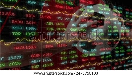 Image of financial data processing over male football player holding football in the background. Global finance business interface concept digitally generated image.