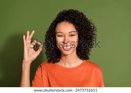 Photo portrait of attractive young woman show okey gesture dressed stylish orange clothes isolated on khaki color background