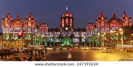 Chhatrapati Shivaji Terminus (CST) formerly Victoria Terminus in Mumbai, India is a UNESCO World Heritage Site with colourful lighting of Indian flag on Republic Day, the HQ of the Central Railway. Royalty-Free Stock Photo #247392634