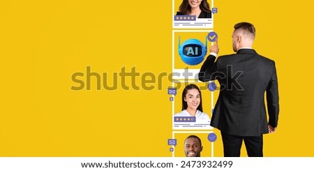 Rear view of businessman finger touch AI robot icon, business people profile pictures, contact icons in row on empty copy space background. Concept of machine replace humans