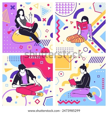 Creative geometric cards. People read books. Cartoon young characters. Woman studying. Man relaxing with literature. University education. Abstract Memphis figures. Vector trendy square banners set