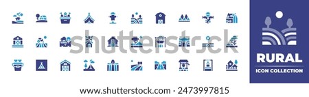 Rural icon collection. Duotone color. Vector illustration. Containing field, warehouse, farmhouse, windmill, farm, camping, country, highway, savannah, potonfire, fish.