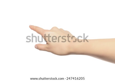 Woman hand touching virtual screen isolated on white background