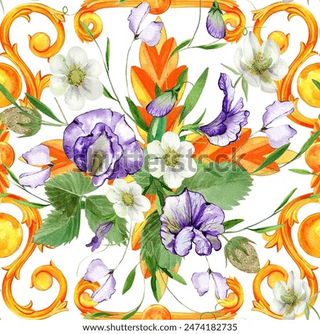 flowers of sweet peas and cornflowers in a bouquet with ripe strawberries, golden monograms, pattern with buds and foliage, seamless