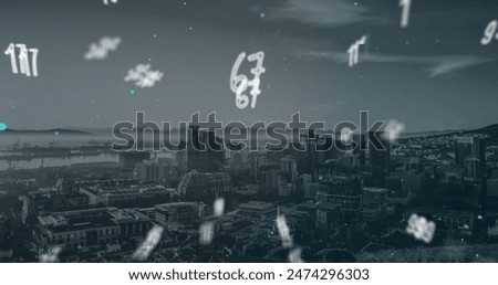 Image of falling numbers over cityscape. global business, finances, digital interface and connections concept digitally generated image.