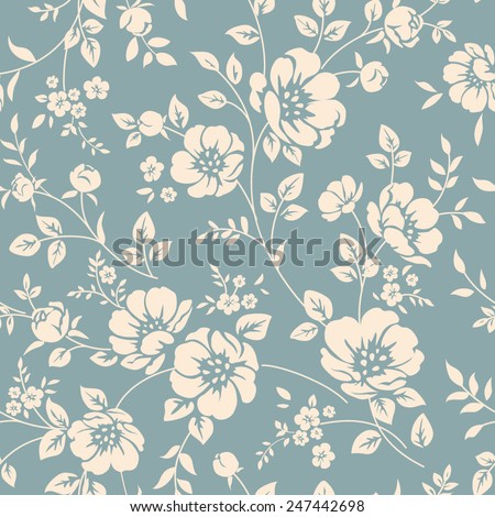 Seamless vector floral wallpaper. Decorative vintage pattern in classic style with flowers and twigs. Two tone ornament with white peony silhouette on blue background Royalty-Free Stock Photo #247442698