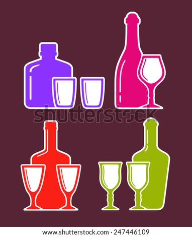 colorful set with alcohol bottles and glasses icons on flat design style