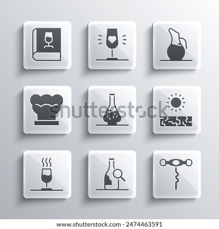 Set Bottle of wine, Wine corkscrew, Drought, Decanter for, tasting, degustation, Chef hat, Book about and  icon. Vector