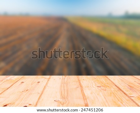 Blurry morning landscape with wooden planks on foreground