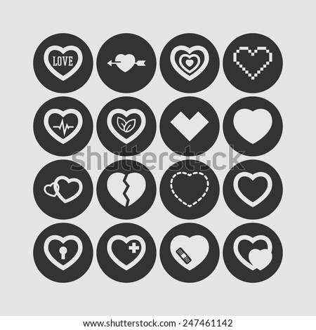 Set of simple icons with heart for Valentine's day, web design, sites, applications, games and stickers
