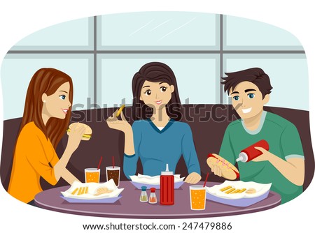 Illustration of a Group of Friends Eating Together in a Fast Food Restaurant