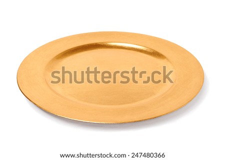 empty golden plate isolated over white background Royalty-Free Stock Photo #247480366