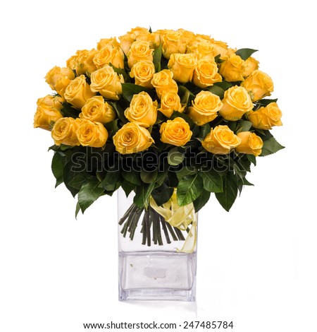 bouquet of isolated yellow roses in vase on a white background