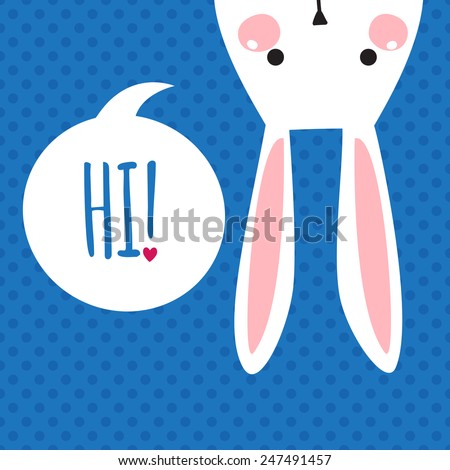 Greeting card with with white Easter rabbit. Funny bunny. Easter Bunny. 