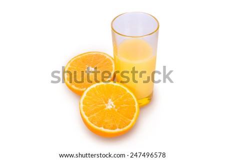 A glass of fresh orange juice on a white background